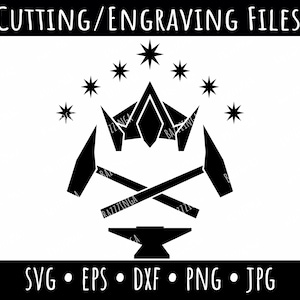 May include: Black and white silhouette of two crossed hammers, an anvil, and a crown with stars around it. The text "CUTTING/ENGRAVING FILES" is at the top of the image and "SVG • EPS • DXF • PNG • JPG" is at the bottom.