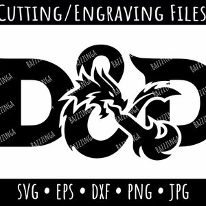 Puede incluir: Archivo digital en blanco y negro con las letras "D&D" y una ilustración de un dragón. El texto "CUTTING/ENGRAVING FILES" está en la parte superior y los formatos de archivo se enumeran en la parte inferior.