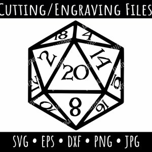 May include: Black and white line art illustration of a twenty-sided die, also known as a d20. The die has numbers 2, 4, 6, 8, 10, 12, 14, 16, 18, and 20 on its faces.  SVG, EPS, DXF, PNG, and JPG file formats are listed below the die.