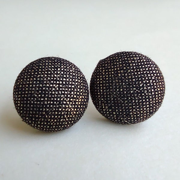 Shimmery Black and Gold Button Earrings. Punk rock fabric studs. Classy, Boss Babe jewelry gifts for women under 10. NYE party earrings.