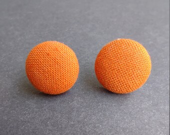 Orange fabric button earrings. Small studs. Colorful autumn jewelry. Gift for women under 10. Bright accessories. Handmade quirky earrings.