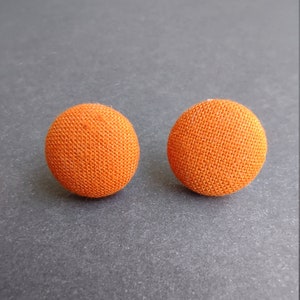 Orange fabric button earrings. Small studs. Colorful autumn jewelry. Gift for women under 10. Bright accessories. Handmade quirky earrings.