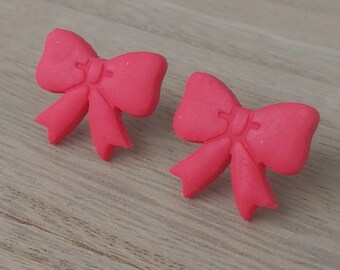 Feminine bow earrings polymer clay. Red ribbon, bow studs. Colorful, dainty gifts for women under 10. Jewelry for her. Bright, cheerful stud