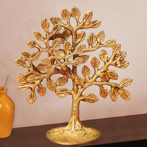 Spiritual Gift Tree of Life Brass Kalpavriksha Tree 6" Super Fine Brass Sculpture with Golden Roots for Home, Office, Gifts, Home Decor