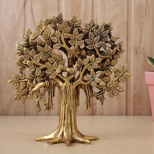 Brass Kalpavriksha Tree 8" Super Fine Brass Tree of Life Sculpture with Golden Roots for Home, Office, Gifts, Entrance Decor Spiritual Gift