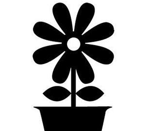 May include: A black and white graphic of a flower in a pot. The flower has seven petals and a white centre. The pot is rectangular with a slightly flared top. The image is a simple, stylized illustration.