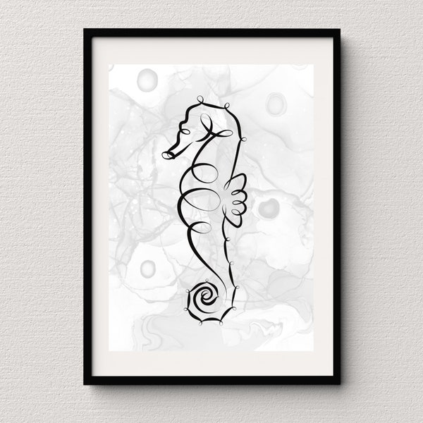 Abstract Coastal Seahorse Art Print - Elegant Minimalist Beach House Wall Decor, Modern Nautical Line Drawing Tropical Beach Wall Art