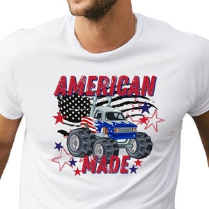 Hecho en Estados Unidos, Celebración del 4 de julio, Monster Truck, Bandera roja, blanca y azul, Diseño gráfico, DTF, PNG transparente, Sublimación de imágenes prediseñadas de EE. UU.