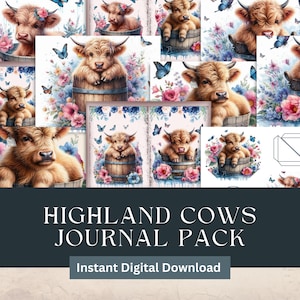 Highland Cow, Junk Journal Pack Journal Pages, Junk Journal, Cow, Farm, Cute, Highland Cow Ephemera, para impressão, álbum de recortes, download instantâneo