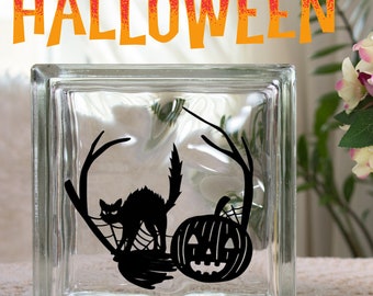 ハロウィンシーン 猫 カボチャ ガラスブロック SVG ファイル ハロウィンパーティー招待状 アイロン転写ファイル ハロウィンデコレーション 即時ダウンロード