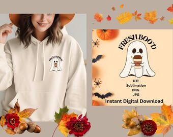 Halloween Ghost Fresh Boo'd Coffee DTF, Sublimazione del caffè fantasma, Design della maglietta di Halloween, PNG di Halloween, Clipart del caffè fantasma JPG stampabile