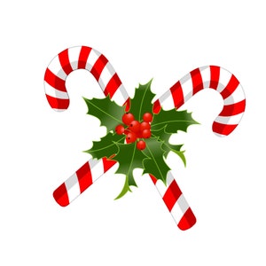 May include: Two red and white candy canes are crossed over a sprig of holly with red berries.