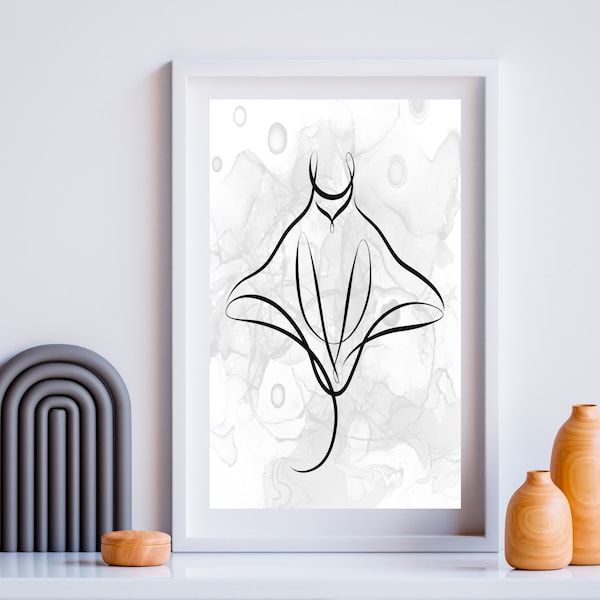 Abstract Coastal Stingray Fish Art Print - Elegant Minimalist Beach House Wall Decor, Modern Nautical Line Drawing Tropical Beach Wall Art