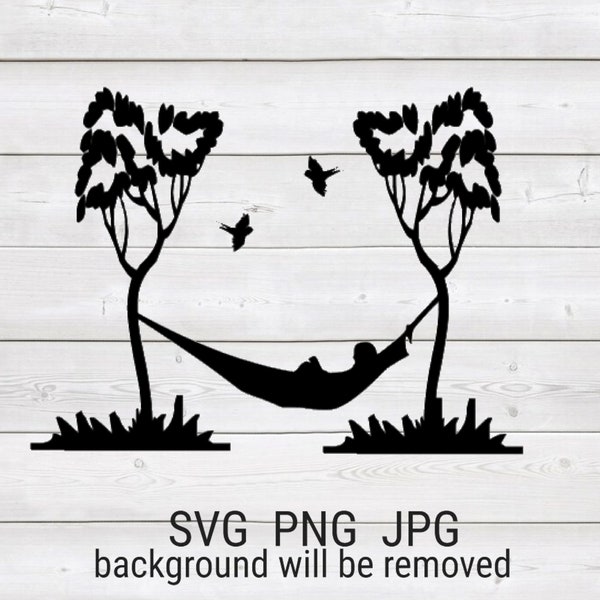 Outdoor Trees Hammock Relaxing Scene Sign Silhouette Instant Download Cricut SVG Cut File JPG Printable PNG Transparent