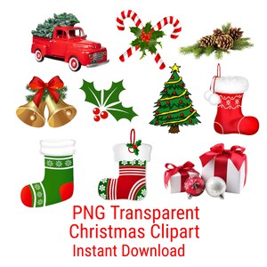 Lot de 10 cliparts PNG transparents * SEULEMENT * Téléchargement instantané, clipart de Noël, arbre, camion rouge, canne en bonbon, cloche, houx, bas