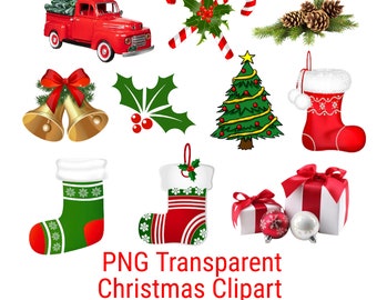 Christmas Bundle 10 Clipart PNG Transparent *ONLY* Instant Download, Christmas Clip Art, Tree, Red Truck, Candy Cane, Bell, Holly, Stocking