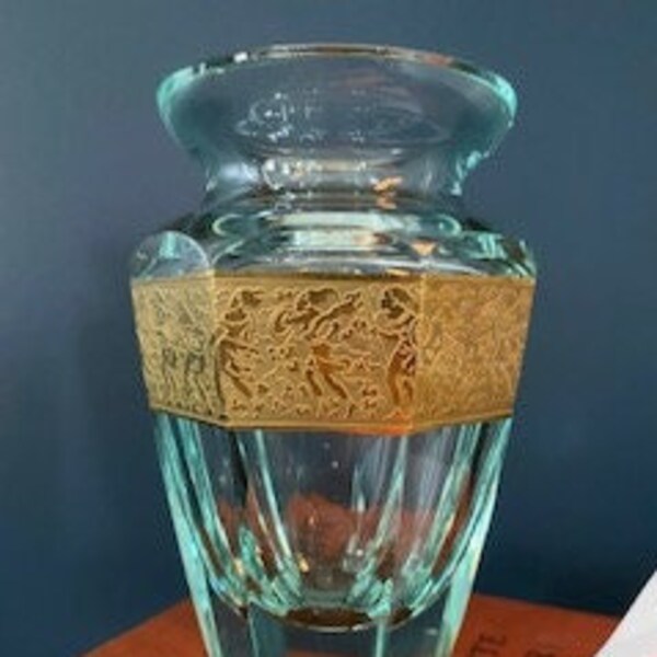 Certificado Moser - Boho República Checa Beryl Blue Green Crystal - Eternity Bud Vase with Warrior Frieze