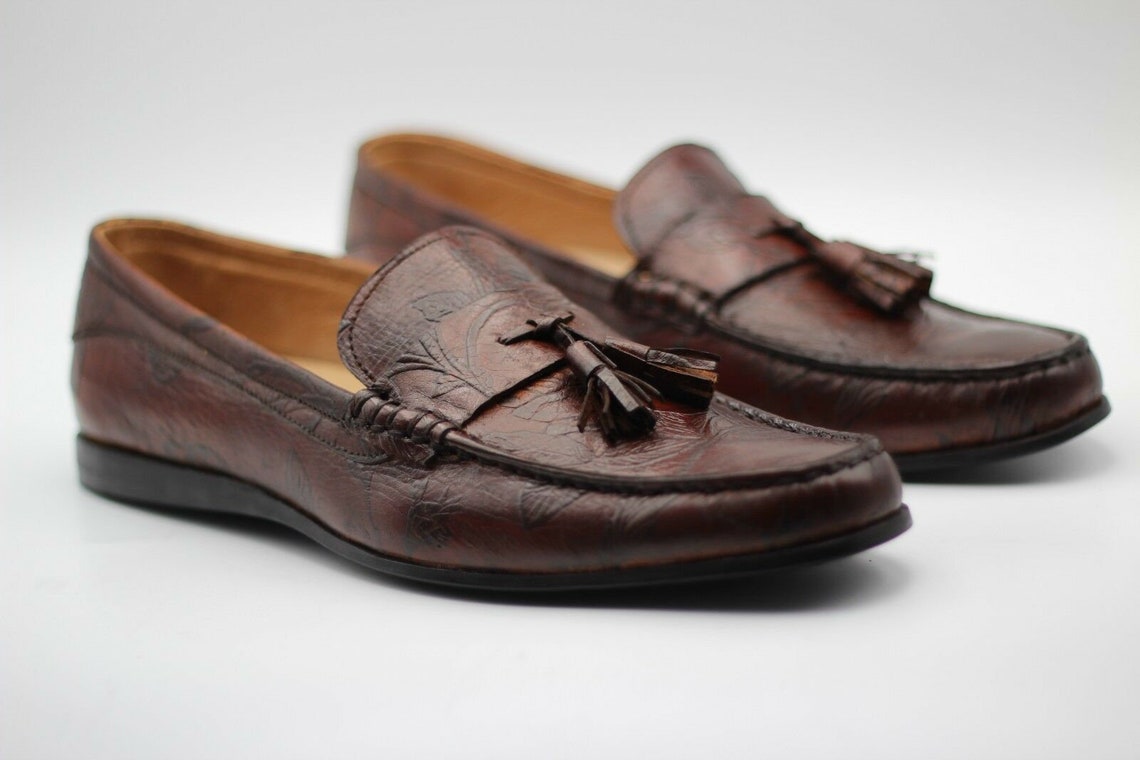 Mens Bespoke Handmade Brown Printed Leather Tassels Moccasin Etsy