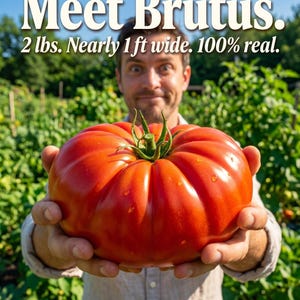 Peut inclure: Une grosse tomate rouge mûre, tenue par une personne, avec le texte "Meet Brutus. 2 lbs. Près de 30 cm de large. 100% réel." La tomate a une tige verte et se trouve dans un jardin. L'image comprend également le texte "HELEN'S GREENHOUSE".