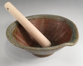 Ceramic suribachi, wheel thrown mortar and wooden pestle, handmade stoneware pottery