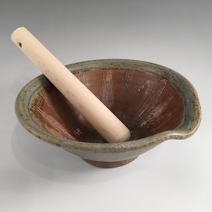 Ceramic suribachi, wheel thrown mortar and wooden pestle, handmade stoneware pottery
