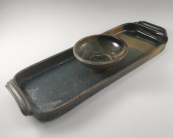 Chips and dip tray, ceramic platter and bowl set, handmade stoneware pottery