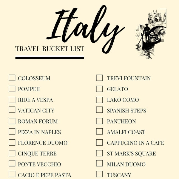 Italy, Travel Bucket List, Travel Checklist, Printable