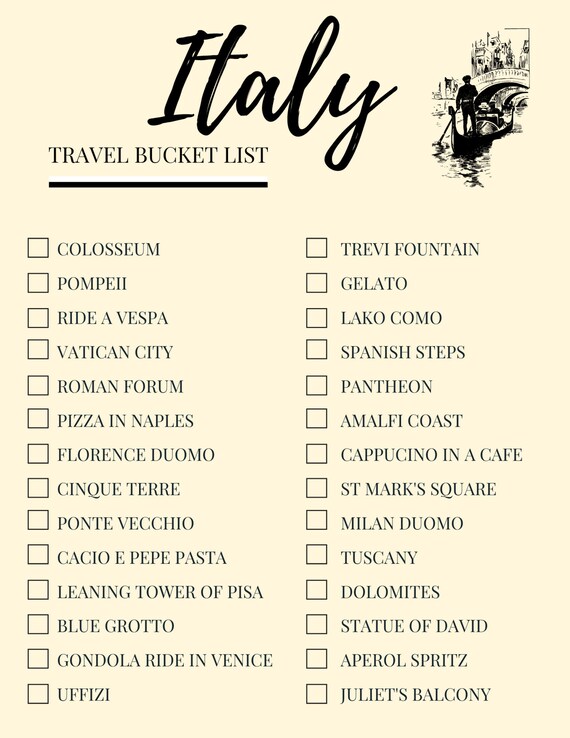 Italy Travel Bucket List Travel Checklist Printable Etsy