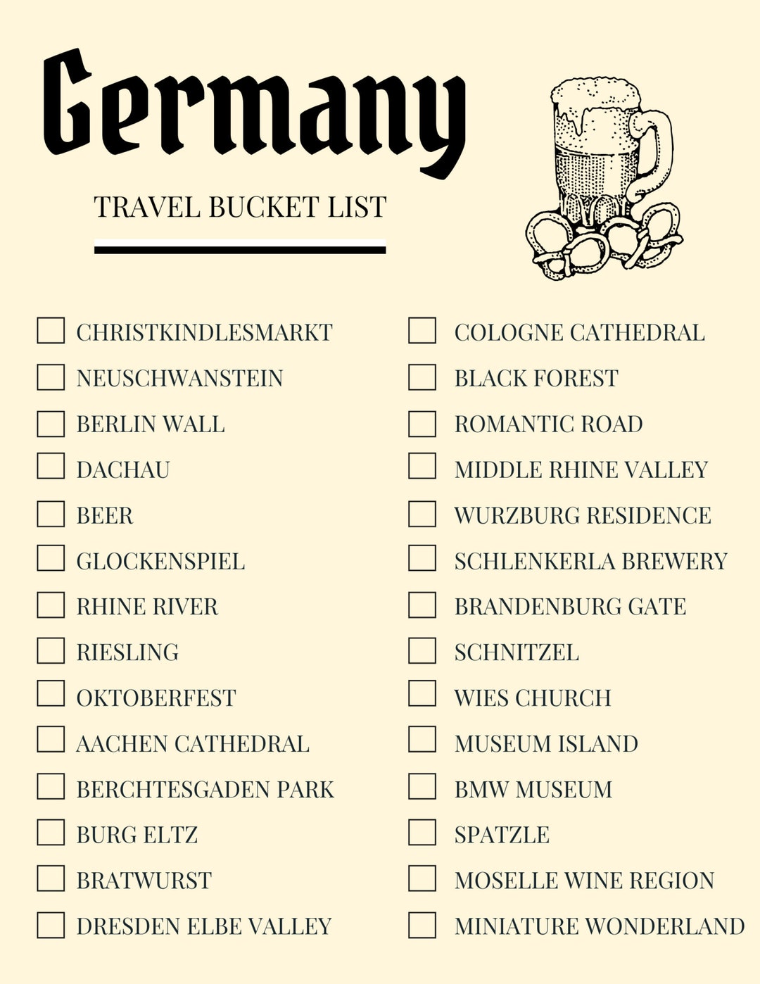Germany Travel Bucket List Travel Checklist Printable Etsy