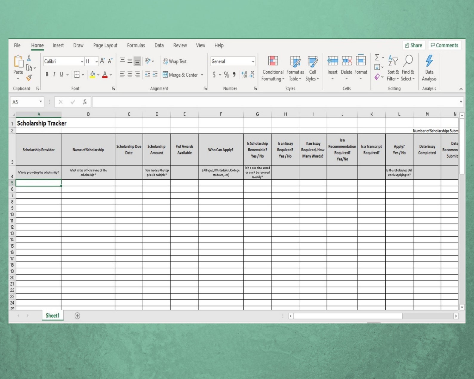 Scholarship Spreadsheet, Merit Aid Spreadsheet, Scholarship Tracker