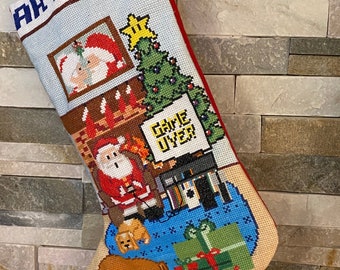 8-bit Santa Playing Video Games Cross Stitch Christmas Stocking