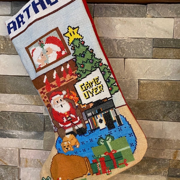 8-bit Santa playing video games cross stitch Christmas stocking pattern