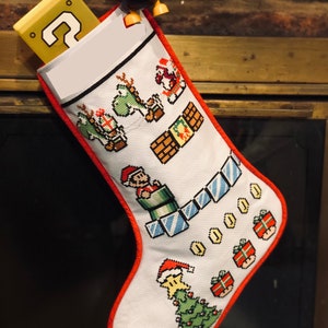 8-bit Mario and Yoshi cross stitch Christmas stocking pattern