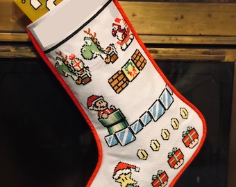 8-bit Mario and Yoshi cross stitch Christmas stocking pattern