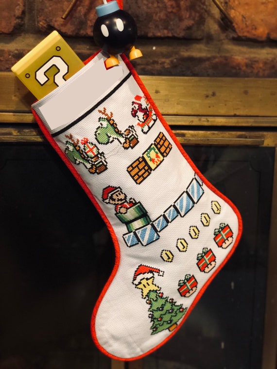 8-bit Mario and Yoshi Cross Stitch Christmas Stocking Pattern 