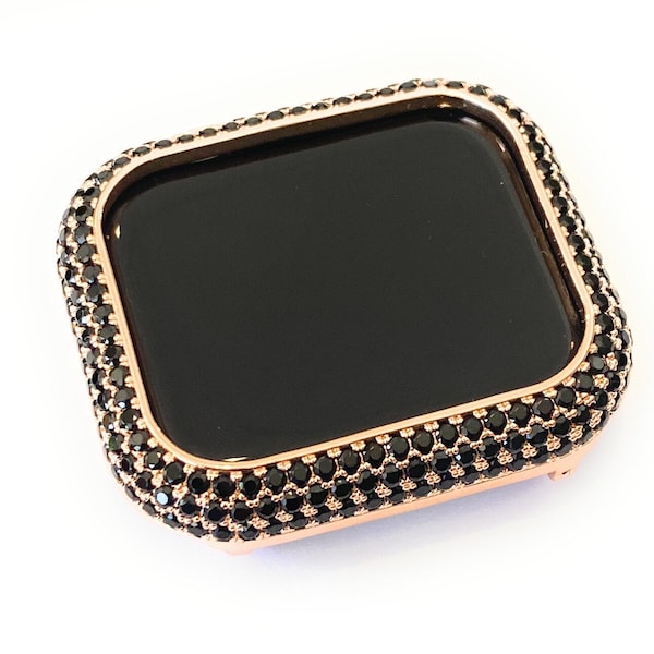 EMJ Bling Rose Gold Black Apple Watch Mesh Band and/or Sparkling C/Z Zirconia Series 4/5/6/7/SE8 Bezel Case Cover Face Bumper 40/41/44/45 mm