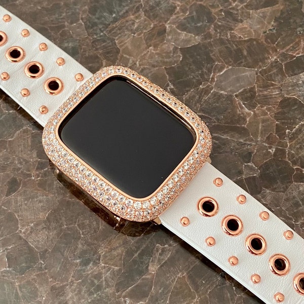 EMJ Bling Series 4,5,6,SE,7,8 Apple Watch White Rose Gold Leather Band and/or Zirconia Bezel Case Cover Face Bumper 40/41/44/45 mm