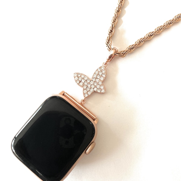 EMJ Bling Apple Watch Rose Gold Butterfly Charm Pendant Adapter &/or Rope Chain Necklace compatible w All Series sizes 38/40/41/42/44/45mm