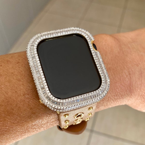 EMJ Bling Series 4,5,6,SE,7,8 Apple Watch Tan Camel Gold Leather Band and/or Baguette Zirconia Bezel Case Cover Face Bumper 40/41/44/45 mm
