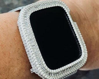 EMJ Fully Loaded Bling Baguette Zirconia Lab Diamonds Silver Face Case Cover Bezel for Apple Watch Series 4,5,6,SE  40/44 mm