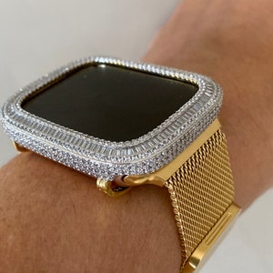 EMJ Fully Loaded Bling Baguette Zirconia Lab Diamonds Yellow Gold Face Case Cover Bezel for Apple Watch Series 4,5,6,SE  40/44 mm