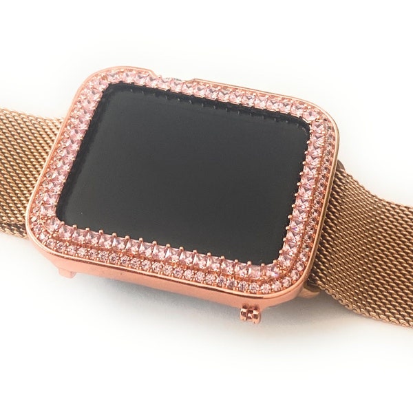 EMJ Bling Rose Gold Apple Watch Mesh Band and/or Sparkling Princess Pink C/Z Zirconia Series 1,2,3 Bezel Case Cover Face Bumper 42 mm