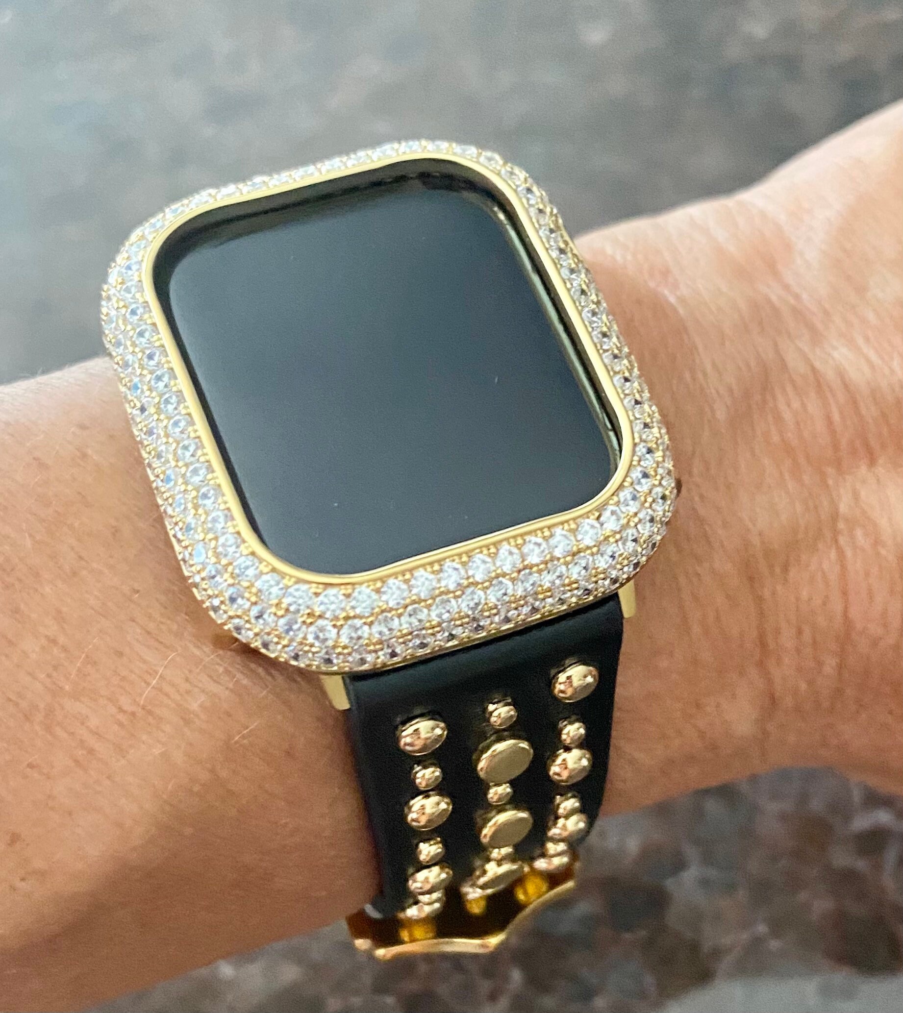 EMJ Bling Series 4 5 6 SE 7 8 Apple Watch Black Gold Leather Band