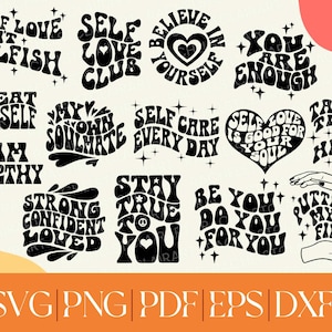Self Love SVG Bundle, soins personnels, santé mentale, couper des fichiers pour cricut, club d'amour de soi, croire en soi, confiance en soi, groovy rétro des années 70