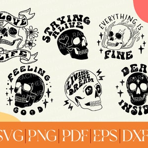 Funny Skull SVG Bundle, Sarcastic Skeleton png, spooky season, retro halloween cut files, tattoo style, hand lettered quotes, humorous svg