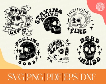 Funny Skull SVG Bundle, Sarcastic Skeleton png, spooky season, retro halloween cut files, tattoo style, hand lettered quotes, humorous svg