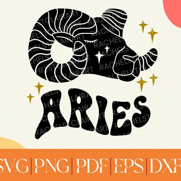 Aries SVG, ram svg file, cut file for cricut, zodiac png, star sign svg, 70s groovy svg, astrology, horoscope design, march birthday svg