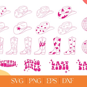 Cowgirl Disco Bachelorette, SVG Bundle, Cowgirl Hut, Kuh Druck, rosa Cowgirl png, Junggesellinnenabschied, Brautparty, groovige retro svg