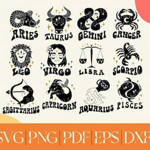 Retro Sternzeichen SVG Bundle, Horoskop png, Sternzeichen Clipart, groovy Astrologie SVG Bundle, geschnitten Datei Cricut, Sternzeichen Symbole