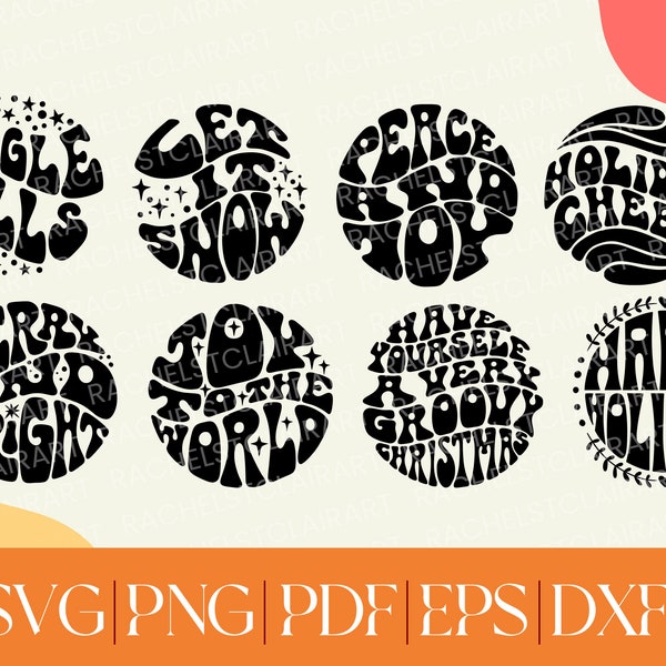 Groovy Christmas SVG Bundle, Christmas Ornament png, xmas gift tags designs, circle svg, retro 70s, hand lettered, winter sublimation design
